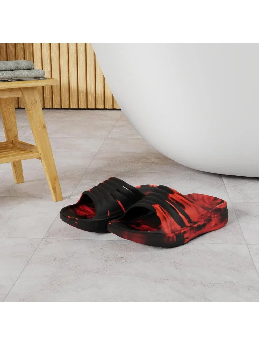 Men's Camo Red And Black Recovery Orthotic Arch Support Open Toe Slipper Shoes